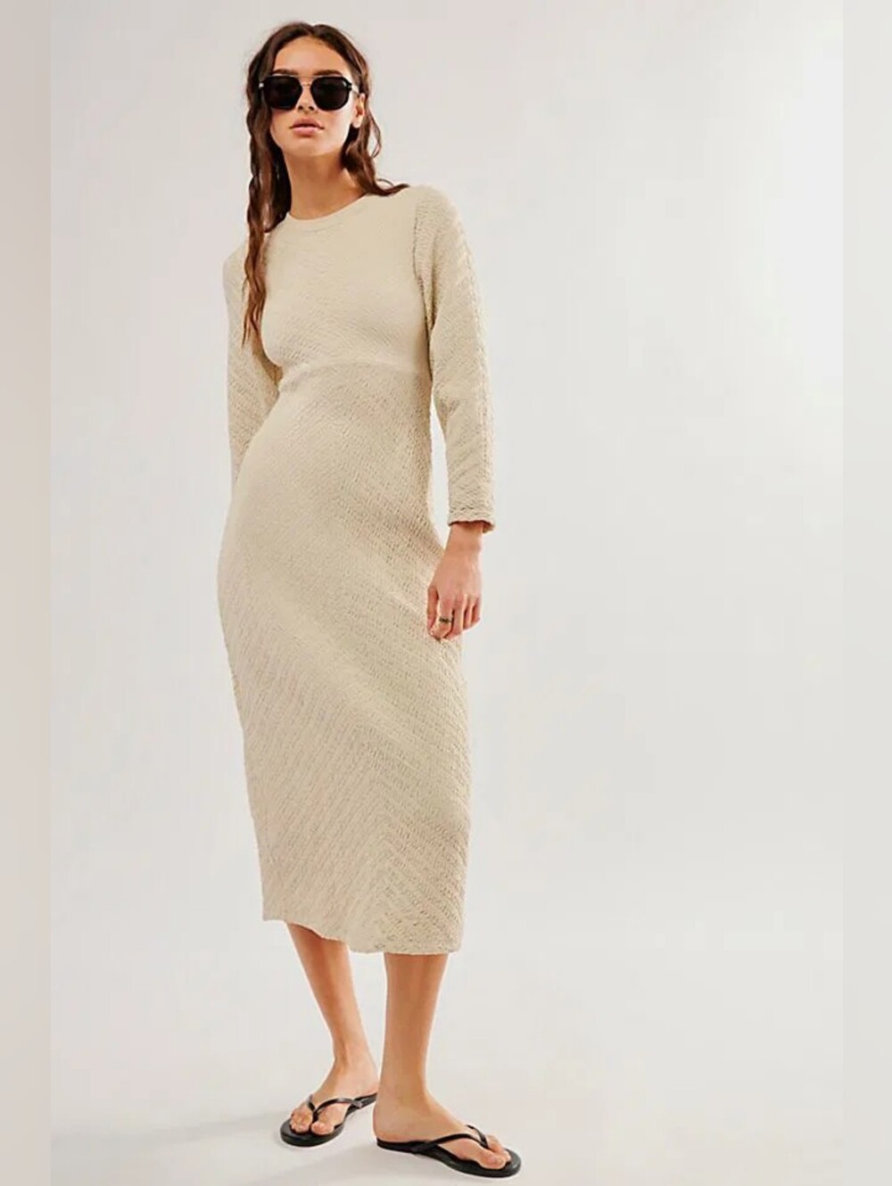 Free People Gabby Seamless Midi Dress Ivory Open Back Textured Long Sleeve XS/S